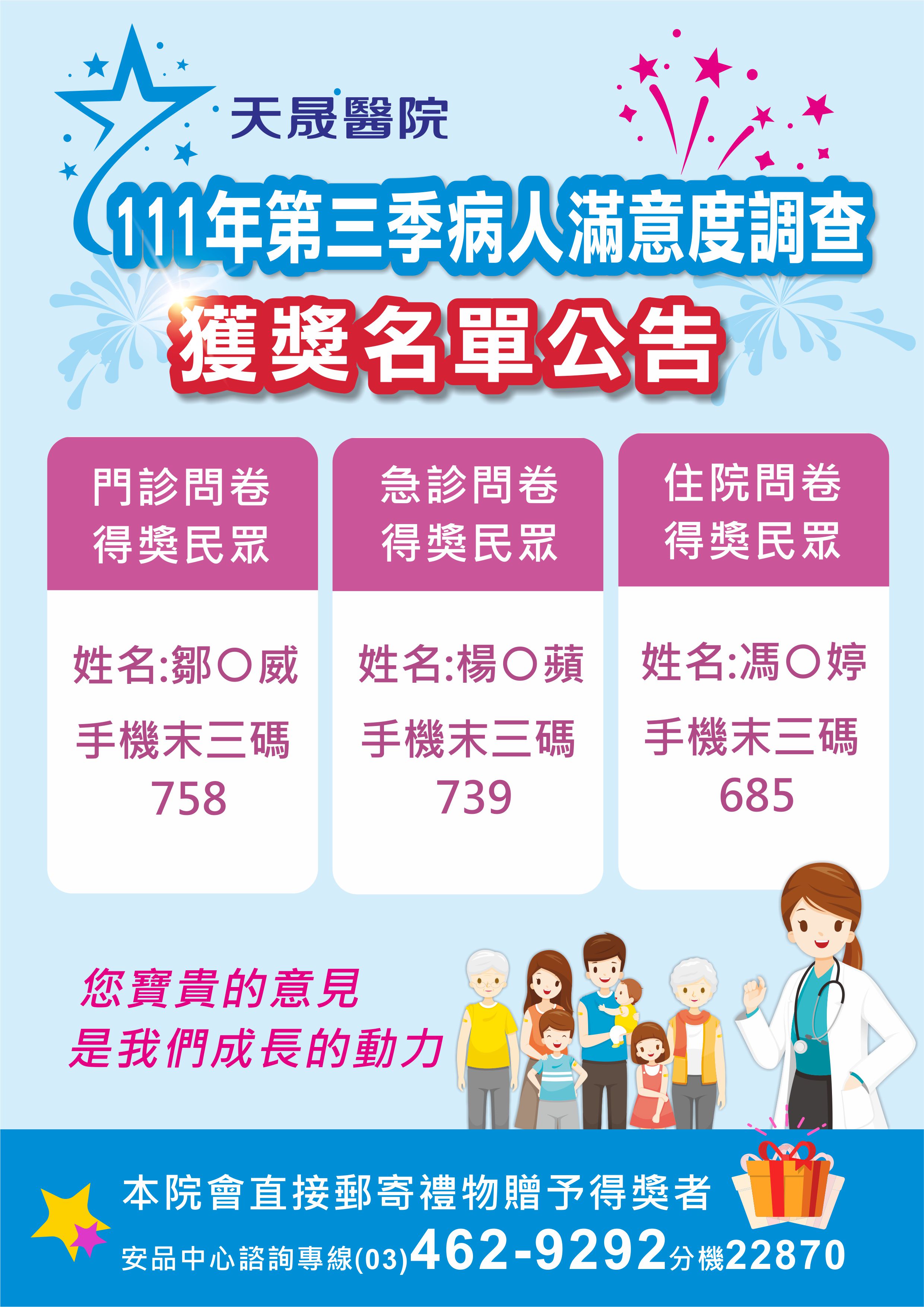 111年第3季病人滿意度調查獲獎名單公告