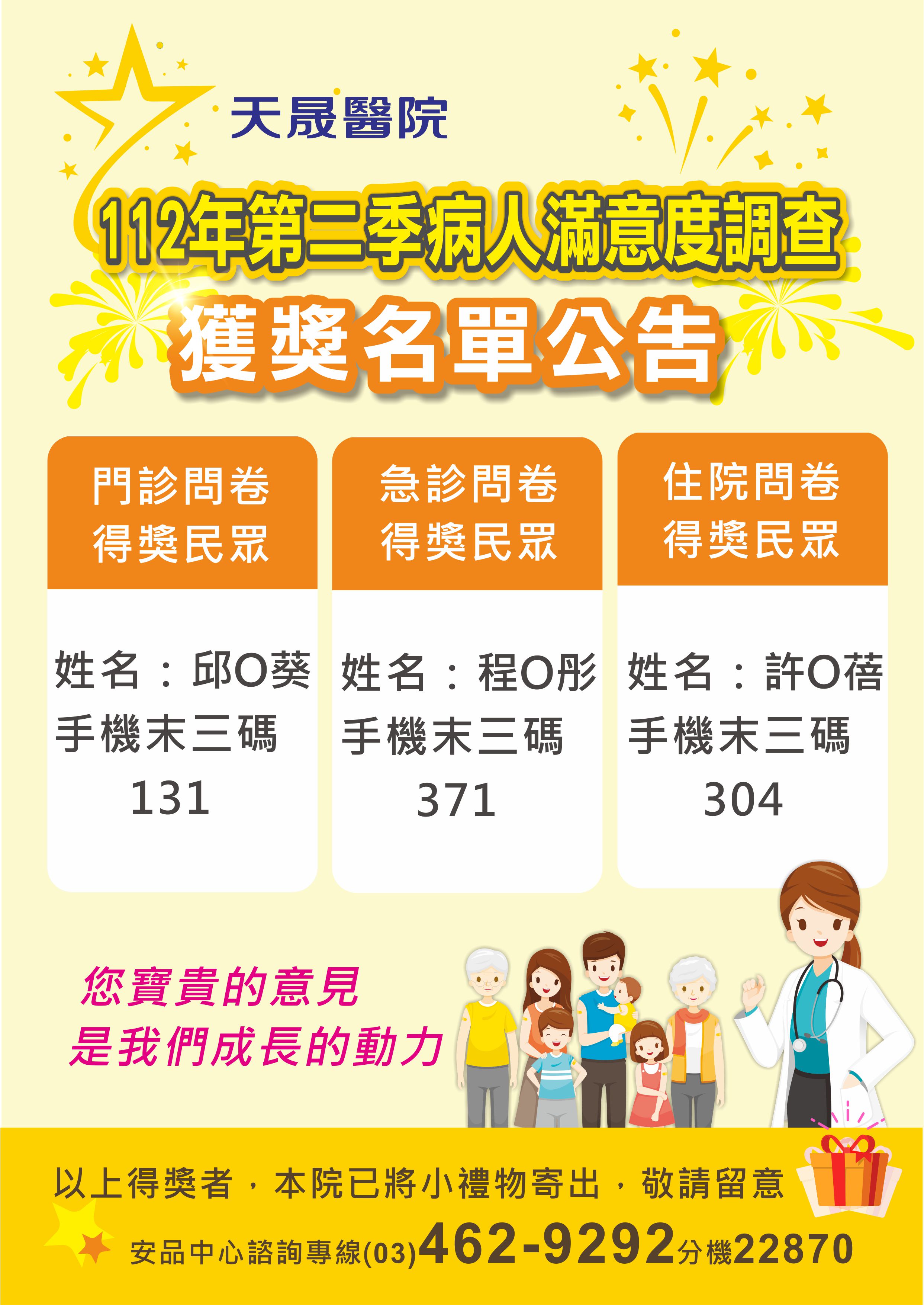 112年第2季病人滿意度調查獲獎名單公告