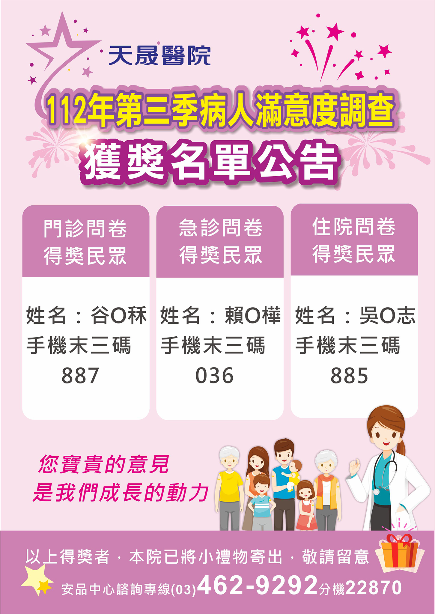 112年第3季病人滿意度調查獲獎名單公告