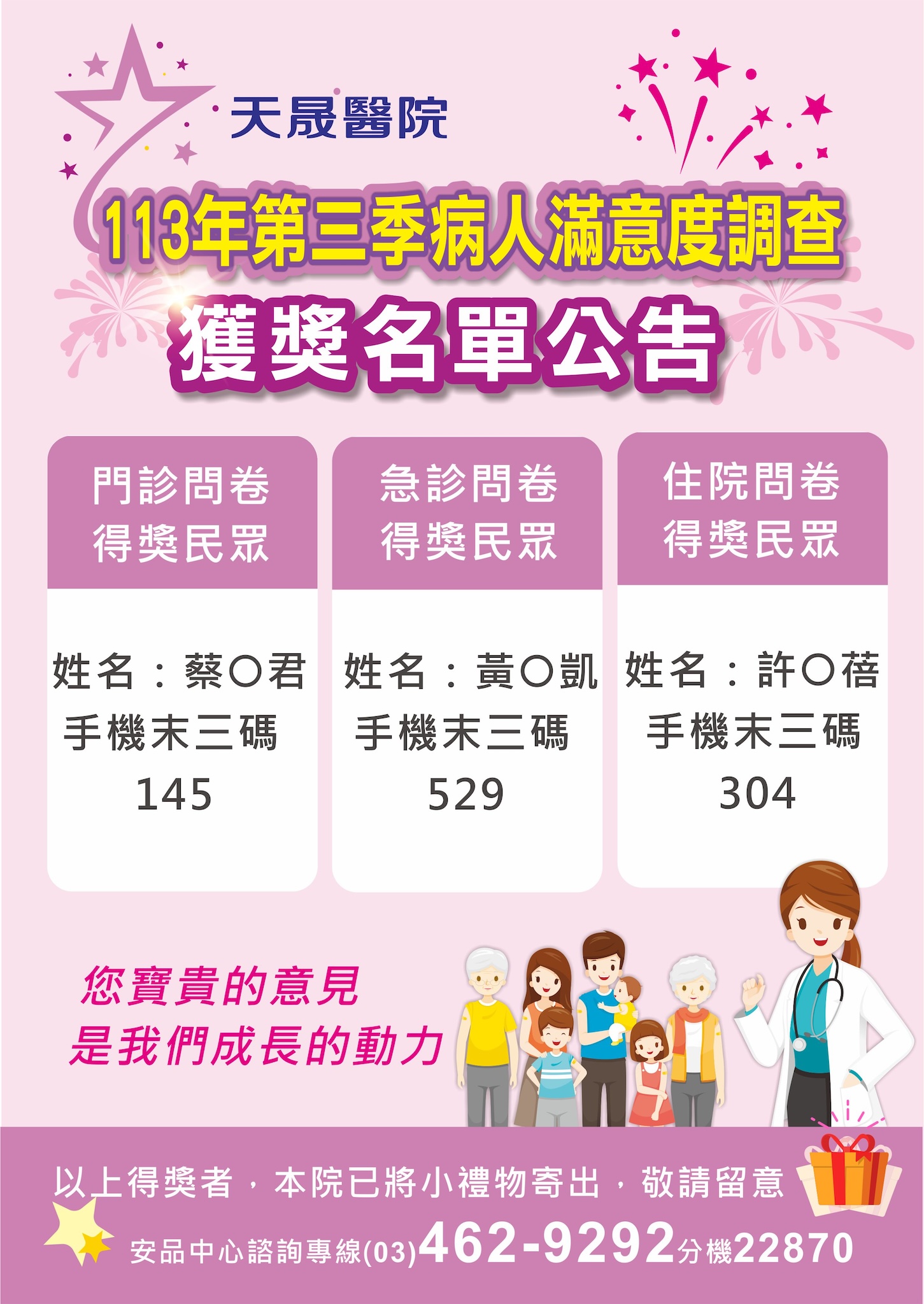 113年第3季病人滿意度調查獲獎名單公告